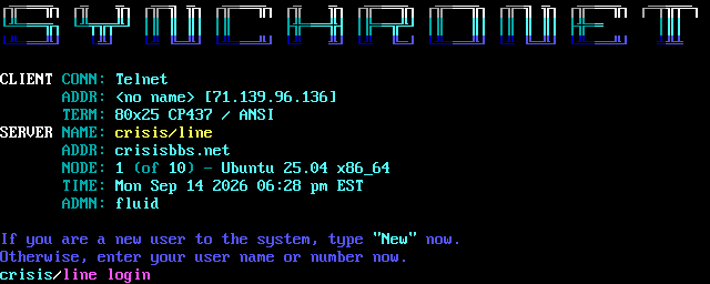 Crisis/Line BBS: screen 1, 16 rows