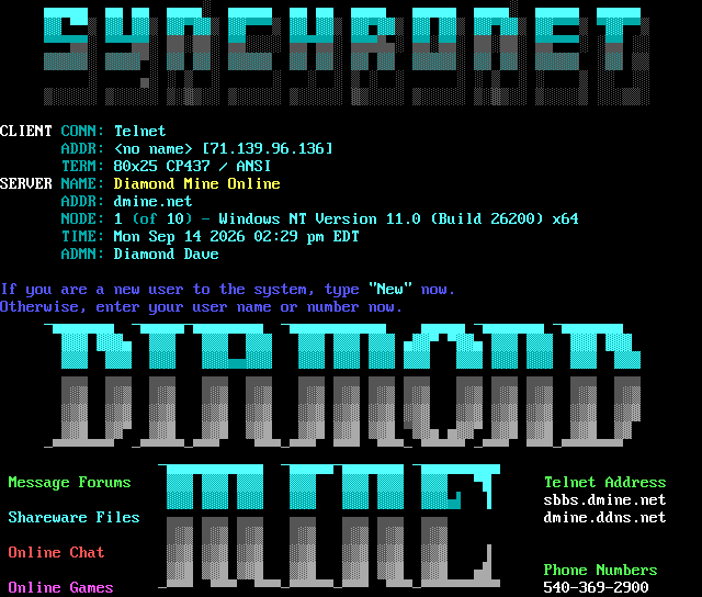 Diamond Mine Online (Synchronet): screen 1, 34 rows