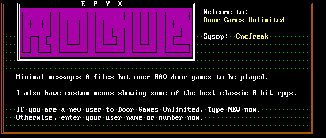 Door Games Unlimited: its own screen, 17 rows