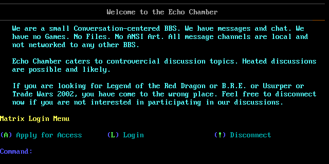 Echo Chamber BBS: its own screen, 20 rows