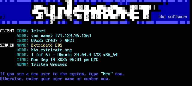 Extricate BBS: screen 2, 18 rows