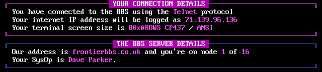 Frontier BBS: screen 1, 9 rows