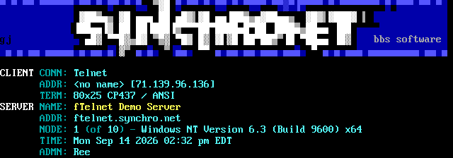 fTelnet Demo Server: its own screen, 14 rows