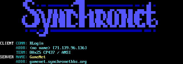 Gamenet BBS Network: its own screen, 14 rows