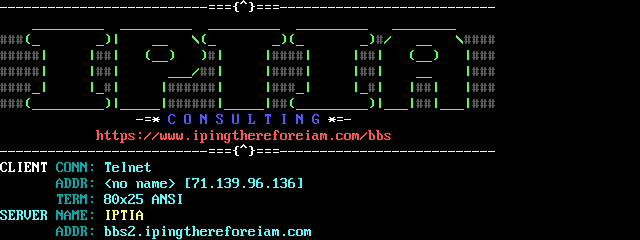 IPTIA BBS (Synchronet): screen 1, 15 rows
