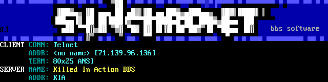 Killed In Action BBS: screen 1, 10 rows