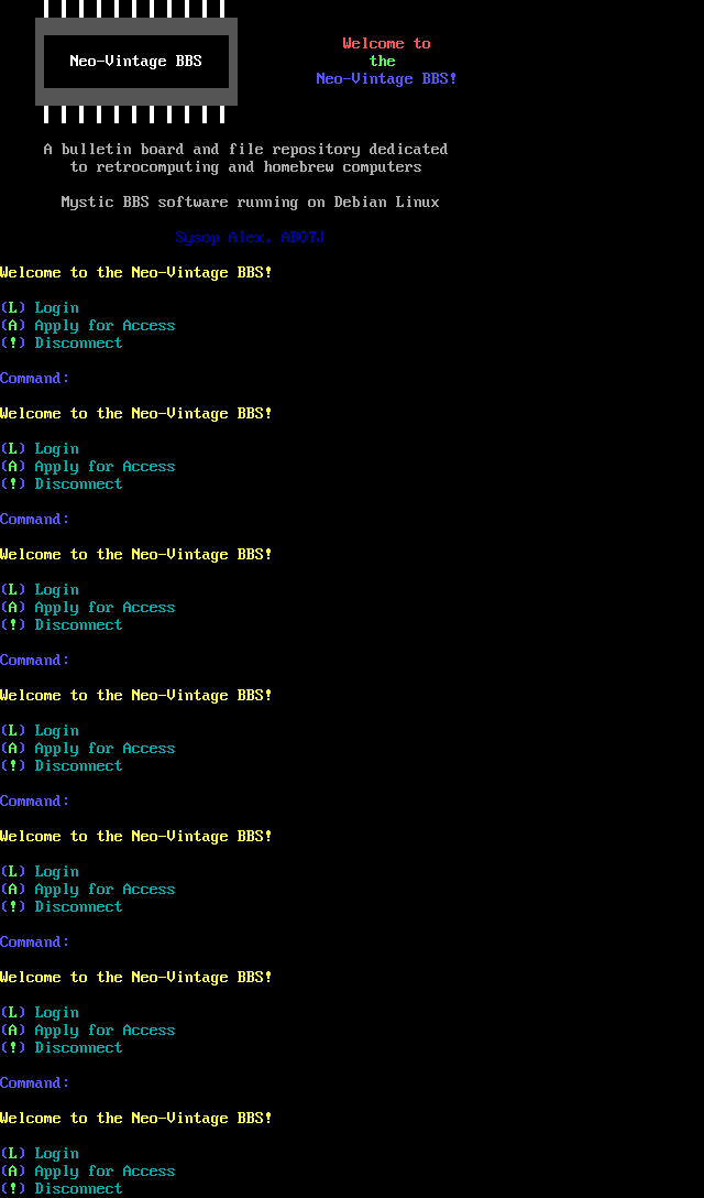 Neo-Vintage BBS: screen 1, 68 rows