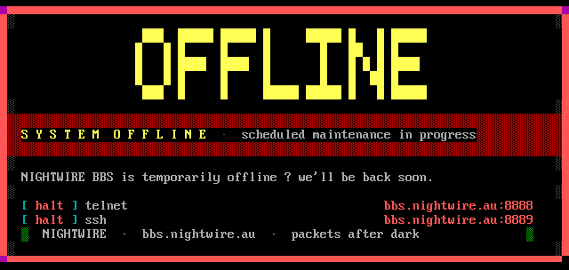 Nightwire BBS: its own screen, 19 rows