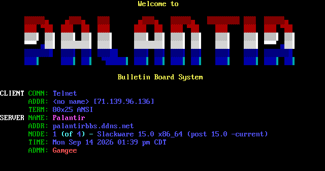 Palantir BBS: its own screen, 21 rows