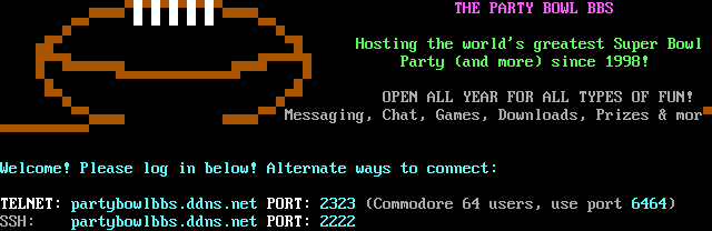 Party Bowl BBS: its own screen, 13 rows
