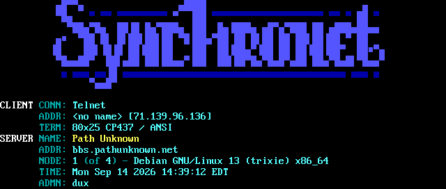 Path Unknown BBS: its own screen, 17 rows