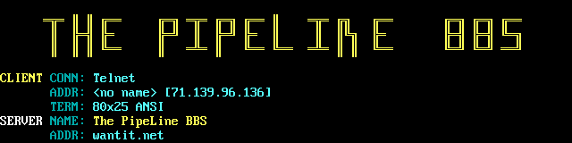 PipeLine BBS: its own screen, 10 rows