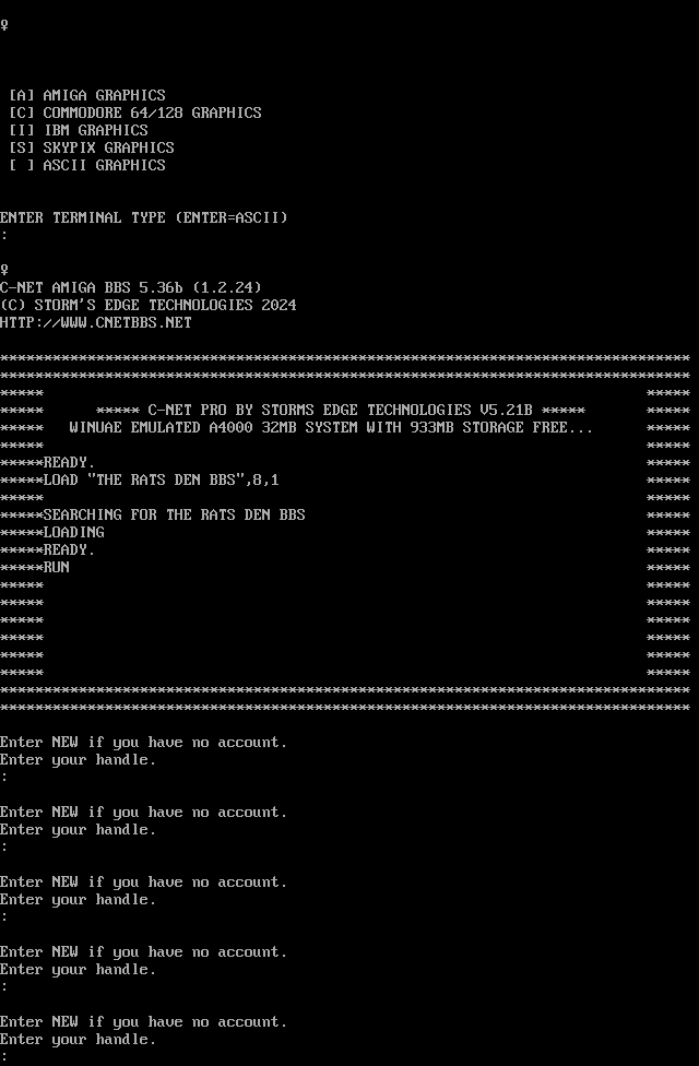 Rats Den BBS: its own screen, 61 rows