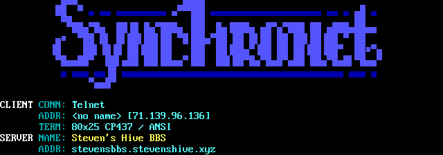 Steven’s Hive BBS: its own screen, 14 rows