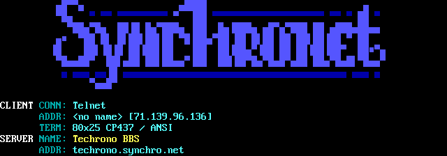 Techrono BBS: screen 1, 14 rows