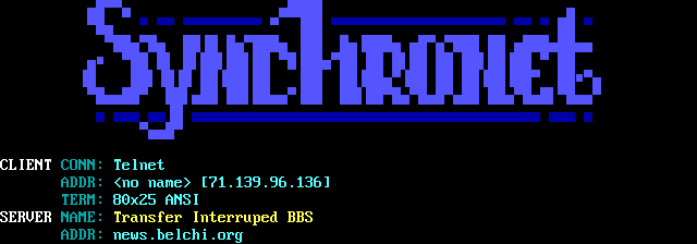 Transfer Interruped BBS: its own screen, 14 rows