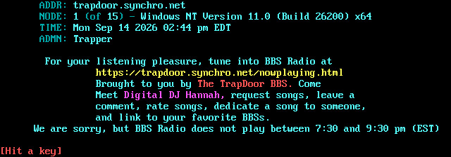 TrapDoor BBS: its own screen, 14 rows