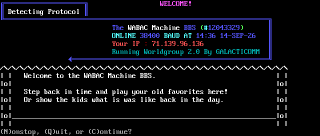 WABAC Machine BBS: its own screen, 17 rows