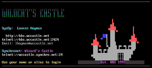 Wildcat’s Castle BBS: screen 1, 18 rows