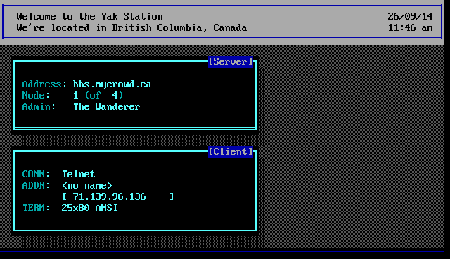 Yak Station BBS: screen 1, 23 rows