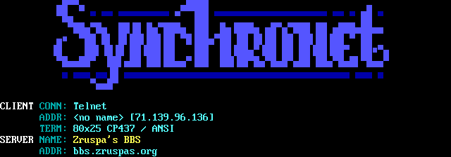 Zruspa’s BBS: its own screen, 14 rows